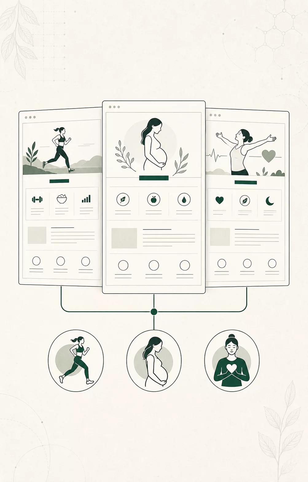 Tre pagine diverse collegate a tre tipologie di paziente: sport, gravidanza e benessere